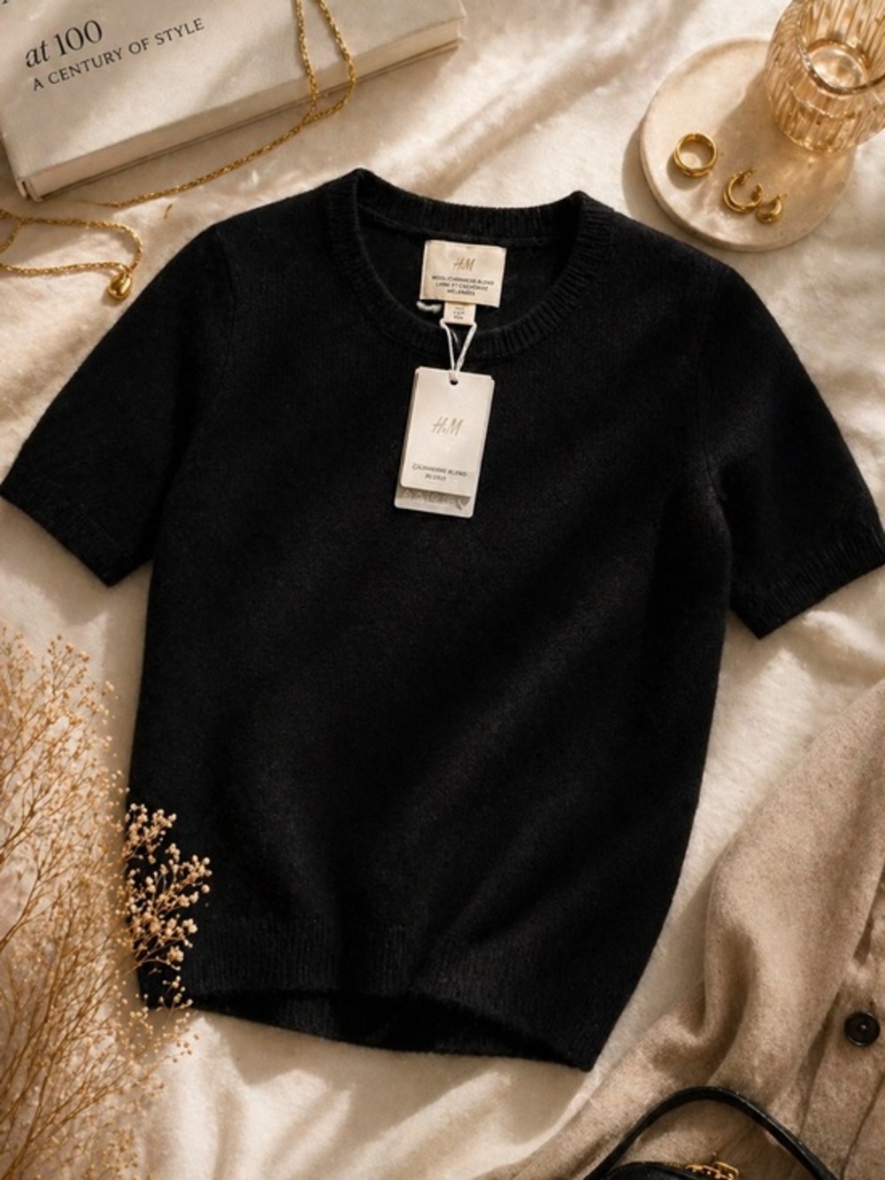 H&M Black Cashmere Blend Knit Top S NWT Minimal Chic Quiet Luxury Short Sleeve